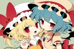  arm_up ascot bad_id bad_pixiv_id bat_wings blonde_hair blue_hair blush bow brooch fang flandre_scarlet green_background haru_(kyou) hat hat_ribbon hug jewelry multiple_girls open_mouth red_eyes remilia_scarlet ribbon shirt short_hair siblings side_ponytail simple_background sisters smile touhou wings 