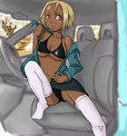  bikini blonde_hair blush dark_skin female flcl freckles kitsurubami looking_at_viewer navel orange_eyes short_hair solo swimsuit undressing 