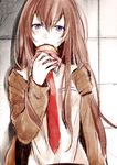  against_wall arisaka_ako bangs blue_eyes blush brown_hair eating food hamburger holding jacket long_hair long_sleeves looking_at_viewer makise_kurisu necktie open_mouth pocket red_neckwear shirt solo steins;gate upper_body wall 