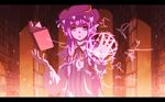  anime_coloring arm_up bad_id bad_pixiv_id book bookshelf crescent dress hair_ribbon hat kurione_(zassou) letterboxed library long_hair magic_circle open_mouth outstretched_hand patchouli_knowledge purple_dress purple_eyes purple_hair ribbon solo sparks striped striped_dress touhou voile 