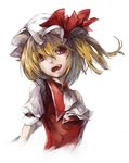  ascot blonde_hair brooch fangs flandre_scarlet hat hat_ribbon highres jewelry maz_(fanxuying) open_mouth red_eyes ribbon side_ponytail smile solo touhou upper_body 