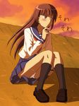  blush brown_eyes brown_hair bungaku_shoujo_(danshi_koukousei) danshi_koukousei_no_nichijou hand_on_own_chin lielos loafers long_hair looking_away panties pantyshot pantyshot_(sitting) riverbank school_uniform serafuku shoes sitting skirt solo sunset sweat underwear white_panties 