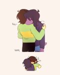  &lt;3 2019 ?! anthro bite clothed clothing deltarune digital_media_(artwork) duo female hair hug human kris_(deltarune) male mammal reptile scalie simple_background suchinnom susie_(deltarune) text video_games 