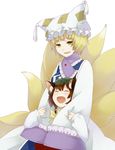  animal_ears bad_id bad_pixiv_id blonde_hair brown_hair cat_ears chen child chito04 closed_eyes fangs fox_tail happy hat hug hug_from_behind multiple_girls multiple_tails open_mouth short_hair smile tail touhou white_background yakumo_ran yellow_eyes 