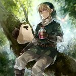  belt blonde_hair blue_eyes bottle fairy gloves hat in_tree kikwi kome_(kokomoti) link machi_(skyward_sword) nature navi pointy_ears sitting smile the_legend_of_zelda the_legend_of_zelda:_skyward_sword tree 