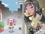  :3 akemi_homura bag black_hair black_legwear blush_stickers cat chibi food food_in_mouth gloves hairband head_bump highres hohetomaru jitome kaname_madoka kyubey late_for_school long_hair mahou_shoujo_madoka_magica mouth_hold multiple_girls musical_note o_o pantyhose pink_hair plaid plaid_skirt purple_eyes school_uniform short_twintails skirt thighhighs toast toast_in_mouth twintails white_legwear 