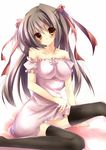  amane_ruri bare_shoulders blush brown_eyes brown_hair dress dress_lift highres long_hair md5_mismatch original panties pantyshot pantyshot_(sitting) ribbon sitting solo twintails underwear 