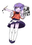  beret blue_eyes blue_hair calligraphy_brush hat jiangshi miyako_yoshika nakashino_setsu ofuda open_mouth outstretched_arms paintbrush pale_skin paper short_hair skirt solo thighhighs touhou translated white_legwear zombie_pose 