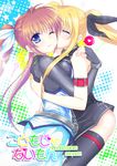  blonde_hair blue_eyes blush brown_hair cheek_kiss closed_eyes cover fate_testarossa fingerless_gloves gloves happy heart hug kiss light_smile lyrical_nanoha magical_girl mahou_shoujo_lyrical_nanoha_strikers multiple_girls one_eye_closed spoken_heart star takamachi_nanoha thighhighs tsunpun twintails yuri 