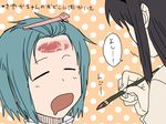  akemi_homura black_hair blue_hair closed_eyes drooling food forehead hair_ornament hairpin high_ponytail mahou_shoujo_madoka_magica meat meat_kanji_on_forehead miki_sayaka multiple_girls paintbrush polka_dot polka_dot_background prank sleeping topknot torinone translated you're_doing_it_wrong 