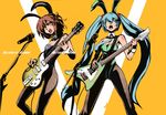  animal_ears aqua_eyes aqua_hair bare_shoulders bow bowtie brown_eyes brown_hair bunny_ears bunnysuit crossover detached_collar fishnet_pantyhose fishnets guitar hatsune_miku instrument long_hair microphone microphone_stand multiple_girls necktie nephy pantyhose short_hair suzumiya_haruhi suzumiya_haruhi_no_yuuutsu twintails vocaloid wrist_cuffs 