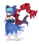  barefoot blue_eyes blue_hair bow cirno crossed_arms dress grin hair_bow hashiro no_shoes red_scarf scarf short_hair smile solo standing touhou 