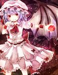  apple bad_id bad_pixiv_id bat_wings blue_hair bow dress finger_to_mouth food frills fruit hat hat_ribbon jaku_sono licking_lips lights outstretched_hand pink_dress red_eyes remilia_scarlet ribbon sash short_hair slit_pupils smile solo tongue tongue_out touhou wings wrist_cuffs 