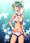  aquarion_(series) aquarion_evol breasts cleavage cleavage_cutout fang green_hair koma440 medium_breasts midriff navel purple_eyes short_hair short_shorts shorts solo zessica_wong 