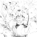  animal_ears bare_shoulders detached_sleeves from_behind greyscale hat inubashiri_momiji monochrome scenery shield short_hair sketch skirt solo standing sword tail tokin_hat touhou weapon wolf_ears wolf_tail yudepii 