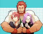  2boys alcohol beard closed_eyes facial_hair fate/prototype fate/stay_night fate/zero fate_(series) glass glasses group_hug hug laughing long_hair multiple_boys nakahara_(mu_tation) perseus_(fate) purple_eyes purple_hair red_eyes red_hair rider rider_(fate/zero) scar short_hair smile very_long_hair wine yellow_eyes 