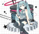  aqua_eyes aqua_hair arm_support bad_id bad_pixiv_id boots gears hatsune_miku headphones hyouka_(rat_hut) long_hair microphone necktie sitting skirt solo speaker thigh_boots thighhighs twintails very_long_hair vocaloid 