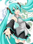  aqua_eyes aqua_hair detached_sleeves hatsune_miku long_hair necktie open_mouth outstretched_arm reaching red-eyes_macadamiachoco skirt solo thighhighs twintails very_long_hair vocaloid 