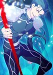 bad_id bad_pixiv_id blue_hair fate/stay_night fate_(series) fevrier2 gae_bolg highres lancer light_particles long_hair male_focus pauldrons polearm ponytail red_eyes solo spandex spear weapon 