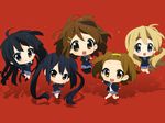  akiyama_mio black_eyes black_hair blonde_hair blue_eyes brown_eyes brown_hair chibi derivative_work hahifuhe hairband hirasawa_yui jumping k-on! kotobuki_tsumugi long_hair multiple_girls nakano_azusa pantyhose school_uniform short_hair tainaka_ritsu twintails 