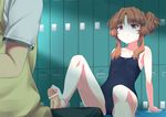  1girl ano_natsu_de_matteru arm_support bar_censor bare_legs bare_shoulders barefoot brown_hair cameltoe censored competition_school_swimsuit flat_chest flo footjob hetero leaning_back locker locker_room long_hair one-piece_swimsuit penis purple_eyes school_swimsuit sitting smile swimsuit toes twintails yamano_remon 