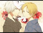  blonde_hair creator_connection crossover flower fox_mask gin_(hotarubi_no_mori_e) hotarubi_no_mori_e japanese_clothes male_focus mask mouth_hold multiple_boys natsume_takashi natsume_yuujinchou ofuda pocky1202 white_hair yellow_eyes 