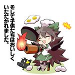  arm_cannon bird black_wings blush_stickers bow brown_hair chibi closed_eyes concrete cooking egg fire flipping_food food frying_pan givuchoko hair_bow hat long_hair mundane_utility open_mouth reiuji_utsuho shirt skirt smile solo sunny_side_up_egg third_eye touhou translated weapon wings 