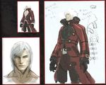  1boy alternate_costume alternate_outfit belt belt_buckle capcom coat commentary concept_art devil_may_cry devil_may_cry_4 gloves highres male male_focus official_art red solo trench_coat trenchcoat tsuchibayashi_makoto what_if white_hair words 