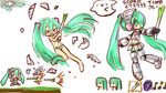  &gt;_&lt; alternate_costume armor bad_id bad_pixiv_id blush closed_eyes covering_nipples embarrassed exploration ghost green_eyes green_hair hatsune_miku long_hair makaimura midriff musical_note navel no_bra noccos panties parody skirt skull spring_onion striped striped_panties thighhighs twintails underwear very_long_hair video_game vocaloid 