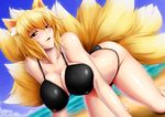  all_fours animal_ears bikini blonde_hair breasts cleavage covered_nipples fox_ears fox_tail huge_breasts multiple_tails short_hair snappop solo swimsuit tail touhou yakumo_ran yellow_eyes 