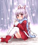  :&lt; alternate_costume bad_id bad_pixiv_id bamboo bamboo_forest blush boots bow forest fujiwara_no_mokou hair_bow hair_ribbon hands_together jacket kanda_aya long_hair nature own_hands_together purple_eyes red_footwear ribbon scarf shirt silver_hair sitting skirt skirt_set snow snowing solo tears thighhighs touhou white_legwear zettai_ryouiki 