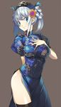  black_legwear blue_eyes blue_hair breasts china_dress chinese_clothes dress flower hair_flower hair_ornament hand_on_own_chest hat impossible_clothes large_breasts lasa_(lasa1116) original side_slit simple_background solo thighhighs twintails 