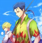  blonde_hair blue_hair earrings fate/hollow_ataraxia fate/stay_night fate_(series) fishing_rod gilgamesh holding holding_fishing_rod jewelry lancer long_hair male_focus multiple_boys nakahara_(mu_tation) ponytail red_eyes 