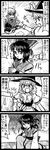  2girls 4koma comic cosplay enokuma_uuta greyscale hair_ribbon hakurei_reimu highres kirisame_marisa monochrome morichika_rinnosuke morichika_rinnosuke_(cosplay) multiple_girls ribbon touhou translated 