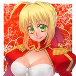  ahoge blonde_hair breasts cleavage dress epaulettes fate/extra fate_(series) green_eyes hair_ribbon huge_breasts lowres nero_claudius_(fate) nero_claudius_(fate)_(all) ribbon samsara_(ring) solo upper_body 