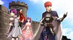  1boy 3girls androgynous arisu_shiria armor arondight bare_shoulders bazett_fraga_mcremitz breasts cape castle dress earrings elbow_gloves emiya_shirou fate/stay_night fate_(series) flat_chest formal frills full_armor gauntlets gloves greaves hair_down hair_ribbon hand_on_hilt jewelry large_breasts long_hair looking_back matou_sakura medieval mole multiple_girls pauldron pauldrons purple_hair red_eyes red_hair reverse_trap ribbon short_hair sitting strapless_dress sword tohsaka_rin tomboy weapon wind 