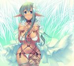  1girl bikini blue_eyes breast_suppress breasts choker curvy dark_skin dress elf flaccid flower futanari green_hair hair_flower hair_ornament huge_breasts long_hair micro_bikini navel original outdoors penis pointy_ears shibarikini shimakaze solo sparkle swimsuit uncensored veiny_penis 