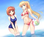  air atomix ball bare_shoulders beachball bikini blonde_hair blue_eyes blue_sky breasts brown_eyes brown_hair cleavage company_connection crossover day hair_intakes hair_ribbon hairband heart kamio_misuzu kanon key_(company) leaning_forward long_hair looking_at_viewer medium_breasts multiple_girls navel one-piece_swimsuit ponytail red_bikini ribbon school_swimsuit side-tie_bikini sky smile swimsuit tsukimiya_ayu wading water 