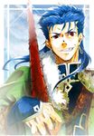  blue_hair cape earrings fate/stay_night fate_(series) gae_bolg grin jewelry lancer long_hair male_focus marker_(medium) orthrusugigami38 polearm ponytail red_eyes smile solo spear traditional_media weapon 