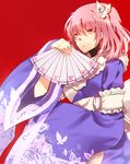  :p anthiea bad_id bad_pixiv_id bug butterfly fan folding_fan hair_ornament holding insect japanese_clothes kimono no_hat no_headwear obi paper_fan pink_hair red_background red_eyes ribbon saigyouji_yuyuko sash short_hair simple_background smile solo tongue tongue_out touhou yellow_eyes 