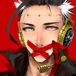  91_(ichi0630) bad_id bad_pixiv_id big_al brown_hair face facepaint headphones headset male_focus multicolored_hair portrait simple_background solo stitches two-tone_hair vocaloid white_hair yellow_eyes 