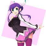  aquarion_(series) aquarion_evol bow bowtie breasts curvy green_eyes hair_bun koflif large_breasts long_hair mikono_suzushiro miniskirt open_mouth purple_hair simple_background skirt smile solo thighhighs zettai_ryouiki 