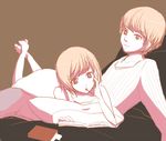  1girl bad_id bad_pixiv_id bed casual couple food hetero legs_up lying lying_on_person mouth_hold narukami_yuu on_stomach persona persona_4 pillow pocky reading satonaka_chie short_hair sweater 