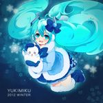  2012 ahoge aqua_eyes aqua_hair bad_id bad_pixiv_id boots bow coat floating_hair hair_bow hatsune_miku headset highres holding jonii long_hair mittens open_mouth skirt snowflakes snowman solo spring_onion thigh_boots thighhighs twintails very_long_hair vocaloid yuki_miku 