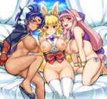  ahoge animal_ears bed blonde_hair blue_hair bow breasts breasts_outside brown_eyes dark_skin earrings fox_ears fox_tail fusehime_maaya gloves hair_bow hairband izuna_(shinrabanshou) jacket jewelry large_breasts long_hair mimonel multiple_girls multiple_tails navel nipples no_panties open_clothes open_mouth open_shirt panties pink_hair plump ponytail pussy red_eyes shinrabanshou shirt shirt_lift shoes side-tie_panties smile sweat tail tatarabe_tatara thighhighs third_eye underwear very_long_hair white_legwear yellow_eyes 