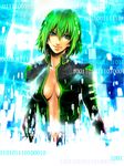  bad_id bad_pixiv_id binary breasts cleavage green_eyes green_hair gumi highres jacket looking_at_viewer medium_breasts open_clothes open_jacket short_hair smile solo vocaloid zenith00 