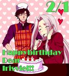  1girl ^_^ apron bad_id bad_pixiv_id birthday black_hair cake closed_eyes couple dated derivative_work eating emiya_kiritsugu fate/zero fate_(series) food hand_on_own_face hat heart hetero husband_and_wife irisviel_von_einzbern itou_(itsuko) long_hair white_hair 