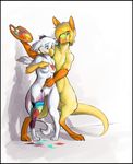  anthro avian blush bodypaint breasts colorful duo female freckles gryphon hoot hoot_(character) male nipples nude paint white white_feathers wings 