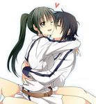  :d bad_id bad_pixiv_id belt black_hair cheek_kiss closed_eyes couple earrings happy hayate_x_blade heart hug inori_sae jewelry kiss long_hair mikado_akira multiple_girls one_eye_closed open_mouth ponytail sao_(0060) school_uniform short_hair simple_background sitting smile yuri 