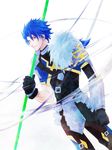  armor bad_id bad_pixiv_id blue_hair cu_chulainn_(fate/prototype) dutch_angle earrings fate/prototype fate_(series) fur_trim gloves jewelry jjpop long_hair male_focus polearm ponytail red_eyes solo spear weapon 